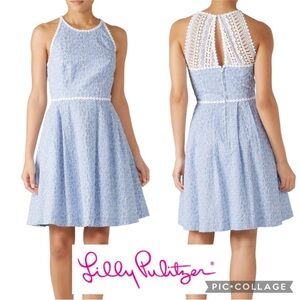 Lilly Pulitzer Tori Dress Crew Blue Stripe Floral Eyelet Lace Shift Dress Size 2
